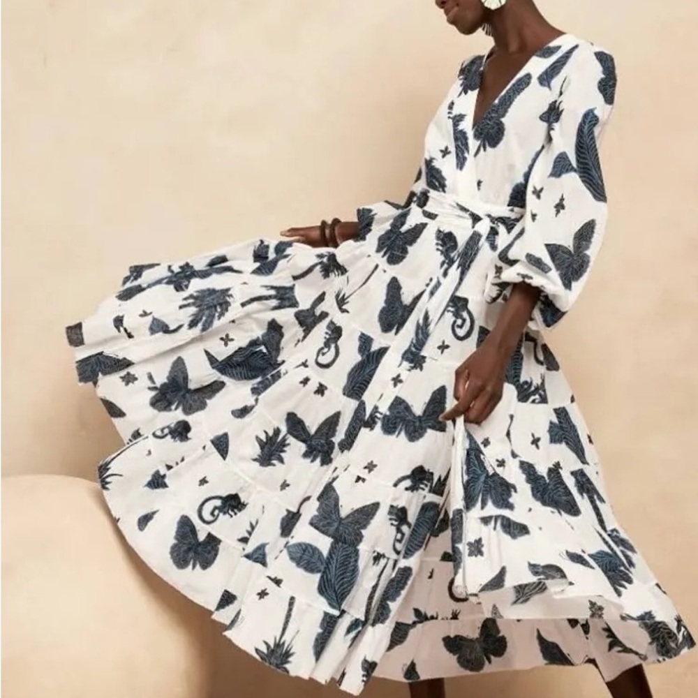 Banana Republic Blue and Gray Maxi Sundress with V-Neck and Bishop Sleeves